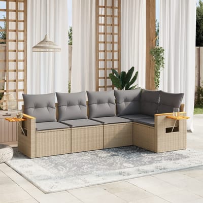 vidaXL - 5-delige - Loungeset - met - kussens - poly - rattan - beige