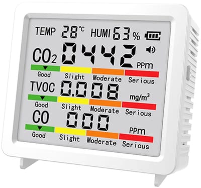 CO2-monitor Draagbaar - Luchtkwaliteit Sensor - Binnenlucht Meten - 5-in-1 Gaskwaliteit - 80x38x75 mm - Wit