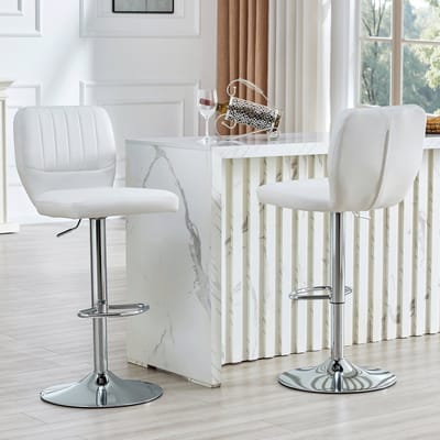 MODFU - Barkruk - Verstelbaar En Draaibaar - Met Rugleuning En Voetsteun - Modern - Metaal En Kunstleer - Zilver Wit - 62-83 Cm