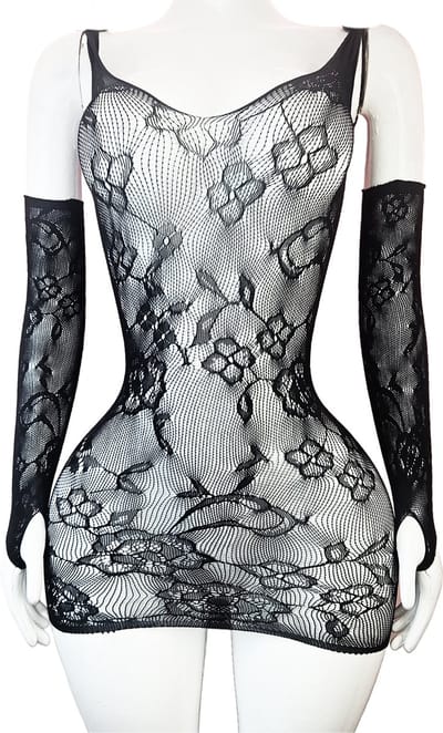 BamBella® - 2 delig set - Onesize - Erotische sexy nacht set Jurk handschoenenZwart doorzichtig kant - Super Stretch