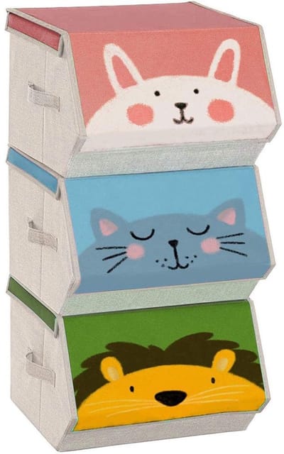 Dailygoods- Opbergdozen Set van 3 - Opvouwbare Stoffen Opbergdozen - Speelgoedorganizer - Magnetische Deksels - Dierenthema's - 38 x 35 cm - Opbergboxen