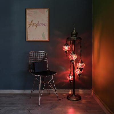 Handmade Turkse lamp - vloerlamp met 5 bollen - mozaïek in rood - unieke decoratie voor sfeervolle verlichting