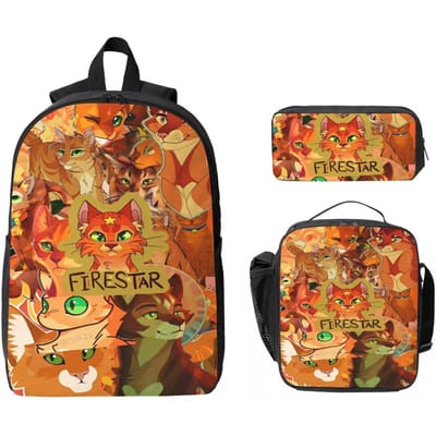 3 Stuks Warrior Cats Schooltassen Set voor Jongen Meisje Etui Rugzak Sets met Lunchbox Voor Schoolleerlingen Rugzak black