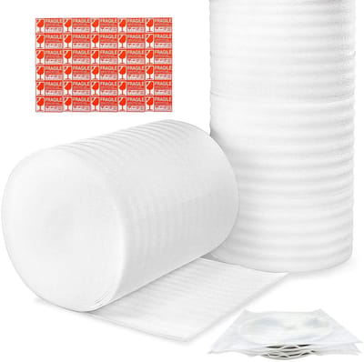 Dailygoods- Verpakkingsmateriaal Extra Dikke Schuimrollen - Foam Wrap - 2 Rollen 35,5 cm x 24 m - Noppenfolie - Opvulmateriaal - 60 Fragiele Labels - Schuimfolie
