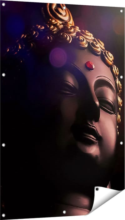 Gards Tuinposter Boeddha Beeld met Gouden Sierraden - 80x120 cm - Tuindoek - Tuindecoratie - Wanddecoratie buiten - Tuinschilderij