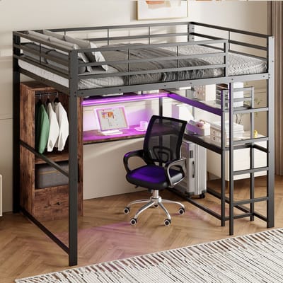 DESMIU Hoogslaper 140x200 cm – Met Ledverlichting En Bureau – Opbergruimte Met Lade En Planken – Voor Jeugdkamer – Metaal En MDF – Zwart – Zonder Matras