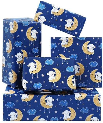 Dailygoods- Inpakpapier Verjaardag - Schapen Lam Maan - Cadeaupapier Kinderen - 4 Vellen - 50x70 cm - Luxe Ontwerp