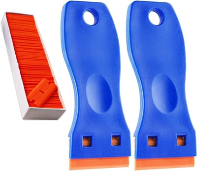 Set van 2 veelzijdige schrapers met 100 krasvrije plastic bladen voor labels en stickers, ideaal voor knutselen en schoonmaken