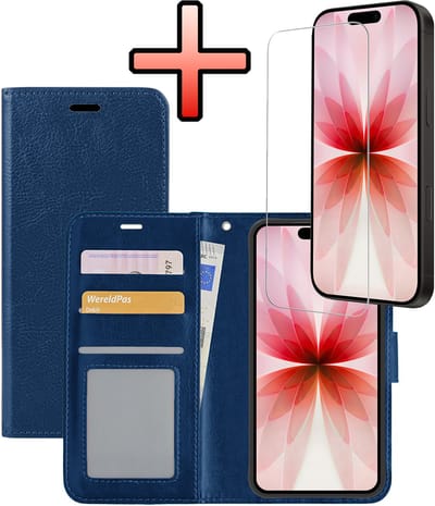 Hoesje - Met Screenprotector - Geschikt voor Apple iPhone 17 - Luxe Pasjeshouder - Bookcase Portemonee - Flip Case - Kunstleer Book Case - Flipcase - Book Cover - Walletcase - Portemonneehoes - Donkerblauw