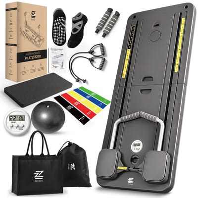 Zavooz Pilates Board - Reformer - Inklapbaar - Pilates Set met Weerstandsbanden - Pilates Sokken - Kniekussen - Pilates Bal - Luxe Draagtas - Timer & 30 Dagen Pilates Challenge E-book