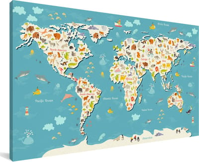 Grote wanddecoratie - Kinder wereldkaart zoekplaatje canvas - 200x100 cm - XXL decoratie