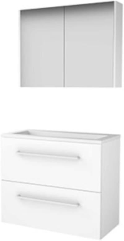 Basic-Line Comfort 39 Badkamermeubelset - Ondiep - 80 x 39 cm - Met Grepen - 2 Lades - Acryl Wastafel - Zonder Kraangat - Spiegelkast - Ice White