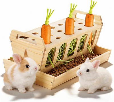 Houten Hooi Voederstation voor Konijnen en Cavia's, 30 x 20.5 x 18 cm, Met Wortelhouder en Grote Capaciteit
