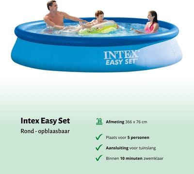 Intex Rond Opblaasbaar Easy Set Zwembad - 366 x 76 cm - Blauw - Inclusief Pomp - Onderhoudspakket - Filter - Grondzeil - Solar Mat - 6-delig