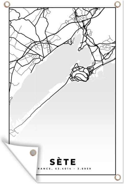 Muurdecoratie Kaart – Sète - Plattegrond – Frankrijk – Stadskaart - Zwart wit - 120x180 cm - Tuinposter - Tuindoek