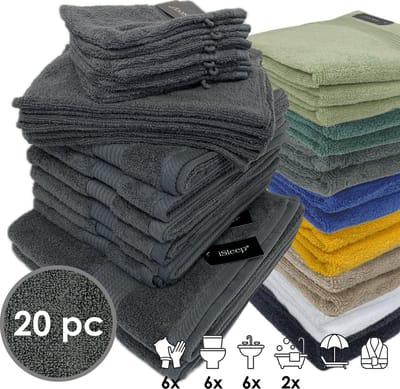 iSleep Terry Badtextiel - Voordeelset (20 delig) - 6x Washandje 16x22 cm - 6x Gastendoekje 30x50 cm - 6x Handdoek 60x110 cm - 2x Badlaken 70x140 cm - Antraciet