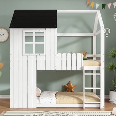 HAUSS SPOLE Hoogslaper 90x200 cm - Kinderbed Met Huisvorm en Ramen - Zonder Matras - Met Trap en Veiligheidshek - Hout - Wit Zwart
