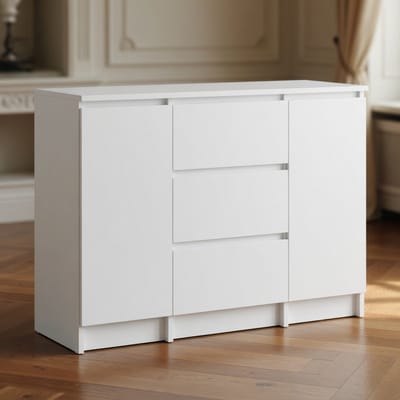 Luxe Opbergkast Commode met 3 Laden en 2 Deuren – Moderne Witte Dressoirkast met 4 Planken – Compacte Kast voor Woonkamer & Slaapkamer – 101x76x35 cmMobili Bella