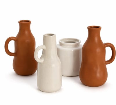 - Boho-vazen, keramische woonaccessoires, 4-delige set | Terracotta, grijs en wit, organische vormen, 4 ontwerpen, gedroogde bloemen, pampasgras, tafeldecoratie