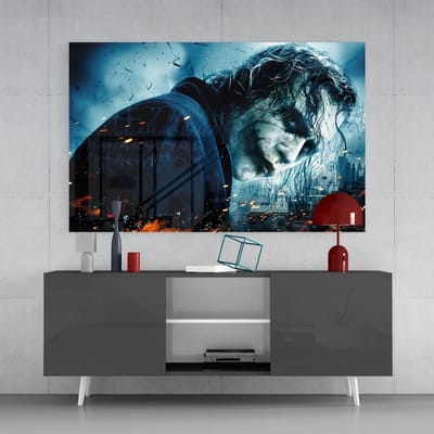 Glasschilderij - Moderne Kunst - Joker - Wanddecoratie - Filmfiguur - 110x70 cm