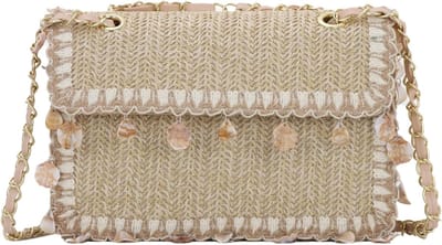Zomerse Schoudertas voor Dames - Geweven Strandtas met Schelp Design, Kleine Clutch met Ketting en Ideaal voor Vakantie