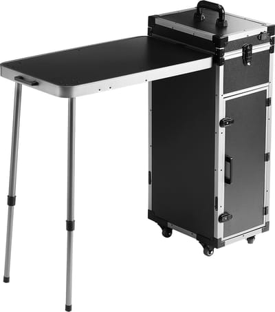 Professioneel Make-up Tas, Ruime Opslag, van Aluminium Robuuste Constructie, Met LED Verlichting en Bluetooth Luidsprekers, Met Steunpoten, 360° Zwenkwielen, Zwart