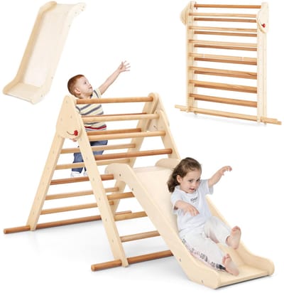 COSTWAY Klimdriehoek met glijbaan, 3-in-1 klimrek, indoor inklapbaar, driehoek met sporten van hout, om te glijden en te klimmen, voor kinderen vanaf 1 jaar