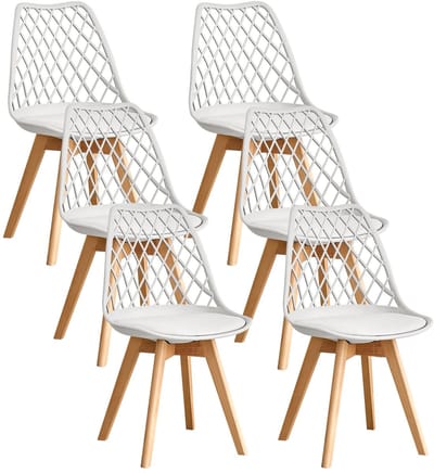 NaevaMi Eetkamerstoelen - Eetkamerstoelen Set van 6 - Eetkamerstoelen met Houten Poten - Modern en Minimalistisch - Pu Gewatteerde Zitting - Beukenhout Benen - Nordic Stoel Voor Keuken Woonkamer/Eetkamer - Wit