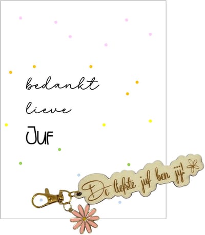Sleutelhanger en kaartje JUF | roze | stippen | jij bent de liefste | liefste juf | topjuf | einde schooljaar | cadeau