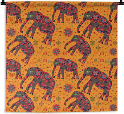 Wandkleed - Wanddoek - Olifant - Ornament - Bloemen - Patroon - 180x180 cm - Wandtapijt