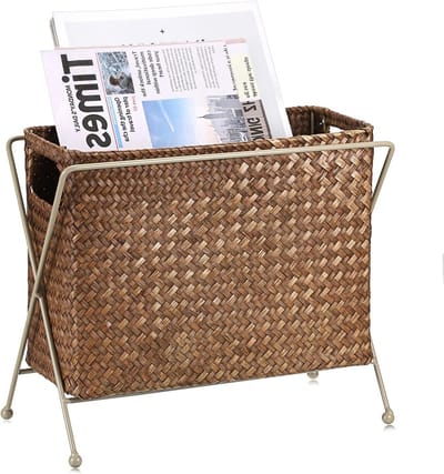 Woven Storage Basket met Handvat, Documenthouder van Seagrass voor Tijdschriften en Papieren, Decoratieve Wicker Mand voor Boeken en Cadeaus