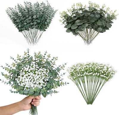 100 Stuks Gemengde Kunstmatige Eucalyptus Stelen, Baby's Adem Kunstbloemen en Faux Eucalyptus Bladeren voor DIY Boeketten en Bruiloft Decoraties