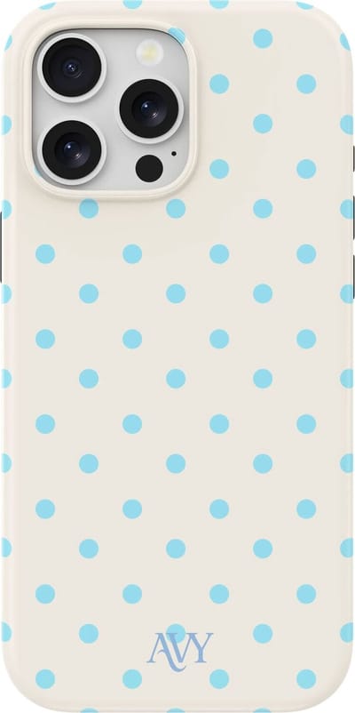 AVY Hoesje geschikt voor Apple iPhone 15 Pro | Riviera Dots | Polka Dots | Beige & Blauw | Hard Shell Back Cover | Compatibel met MagSafe & Qi2