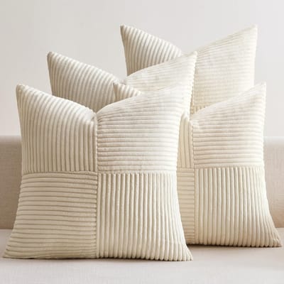 Allecto - Corduroy Kussenhoes - Kerst Patchwork - Set van 4 - 50 x 50 cm - Decoratieve Kussens - Beige - Geschikt voor Woonkamer