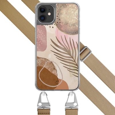 Hoesje met beige koord - Geschikt voor iPhone 11 - Abstract blush shapes - Verstelbaar & verwisselbaar koord - TPU backcover - Roze, Beige - Leuke Telefoonhoesjes
