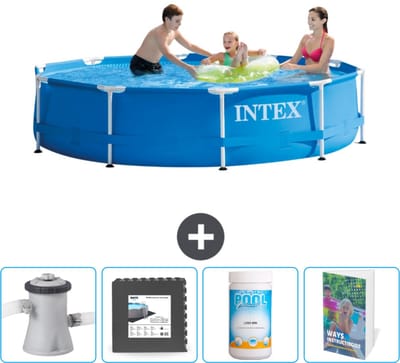 Intex Rond Frame Zwembad - 305 x 76 cm - Blauw - Inclusief Zwembadfilterpomp - Vloertegels - Chloor - Zwembadgids