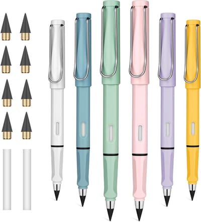 6 Stuks Inktloze Potlood met 6 Vervangbare Nibs en 2 Witte Gummetjes, Herbruikbare Potloden voor Schrijven, Tekenen en Ontwerpen