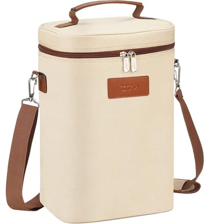 Geïsoleerde flessentas voor 4 flessen - draagbare wijnkoeltas met riem voor picknick - beige - 21 x 18 x 31 cm