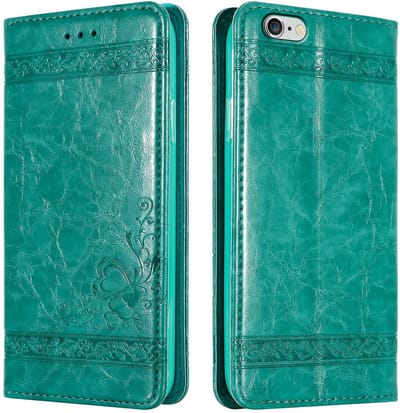 Cadorabo Hoesje geschikt voor Apple iPhone 6 PLUS / 6S PLUS in TURKOOIS met ornamenten - Beschermhoes met magnetische sluiting, standfunctie en kaartvakje Case Cover Etui
