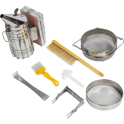 Kit de démarrage apiculture Brosse à abeilles Grattoir Clip pour cadre Ruche Fumeur Écran double maille Abreuvoirs gray