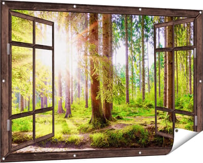 Gards Tuinposter Doorkijk Bos met Zon tussen de Bomen - 150x100 cm - Tuindoek - Tuindecoratie - Wanddecoratie buiten - Tuinschilderij
