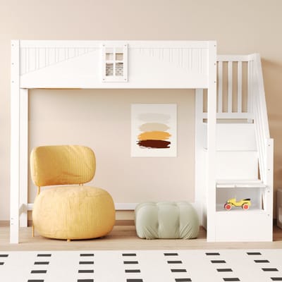 VVBV Ruimtebesparende Hoogslaper 90x200 cm - Planken, Huisdesign, Veiligheidstrap - Massief Hout Wit