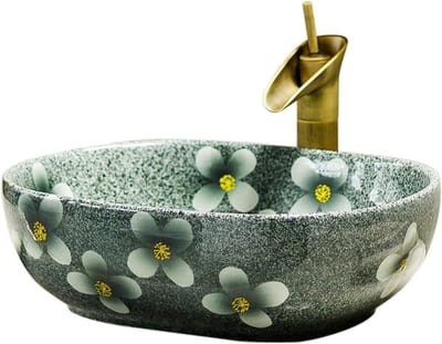 Waskom Keramiek - Badkamer Wastafel - Badkamer Inrichten - Bloempatroon Design - 48 x 39 x 14 cm - Wit