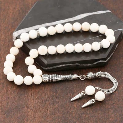 Luxe Handgemaakte Parelmoer Tasbih - 33 Gebedskralen - Natuursteen - Wit - Elegant