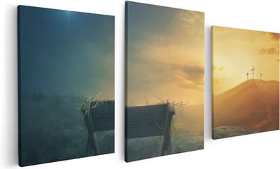 Artaza Canvas Schilderij Drieluik Kribbe en Drie Kruisen  - 120x60 - Foto Op Canvas - Canvas Print