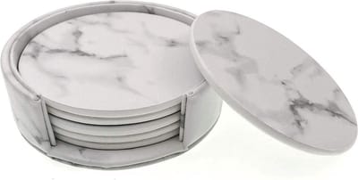 Wit Marmeren Effect Lederen Onderzetters - Set van 6 Onderzetters met Houder - 97 cm - 38 inch - Ronde Beker Matten - Onderzetter Set voor Drankjes - Kopjes Glazen Mokken