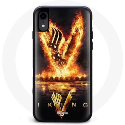 Coque pour Iphone XR - Vikings - Saison 6 - Logo V - Epée de Feu - Fond Noir noir