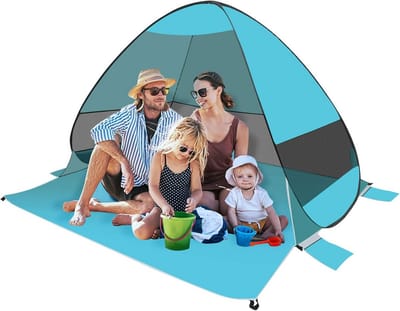 UPF 50+UV-bescherming, winddichte strandtent, strandtent voor 3-4 personen, pop-up-strandtent, zonoverkappingen voor strand, kamperen, vissen, 200 x 165 x 137 cm (meergroen)