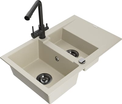 Mexen Gaspar granieten spoelbak 1,5-kamer met afdruiprek en keukenmengkraan Duero, beige - 6507-69-671600-70