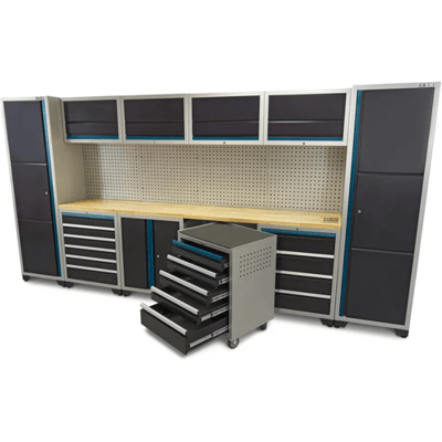 HBM Professional Deluxe modulair werkplaatssysteem 16-delig, staal/houten werkblad, zwart/blauw, 405 x 51 x 204 cm